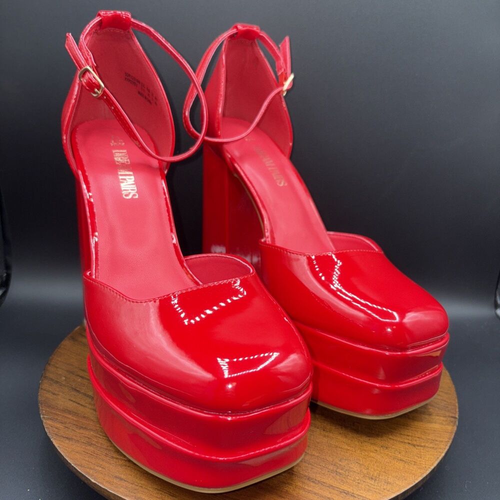 Dream Pairs Women's Aurelia Chunky Platform Heel in Red Patent Leather, Size 11